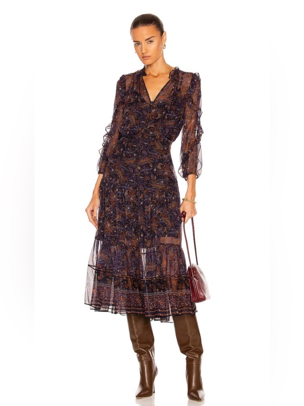 Veronica Beard Sabina midi dress in navy and multi-color paisley print 100% silk